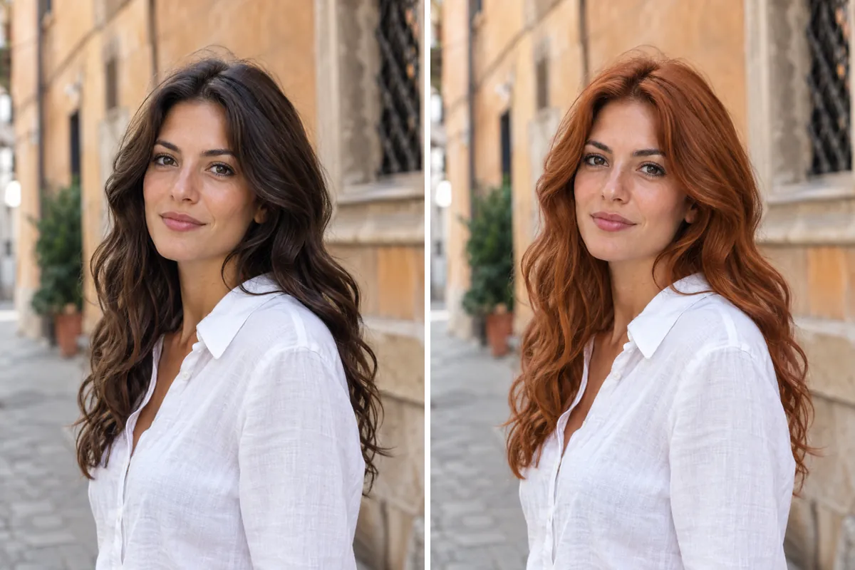 Prima e dopo con l’IA: stessa persona, stesso taglio, colore dei capelli diverso
