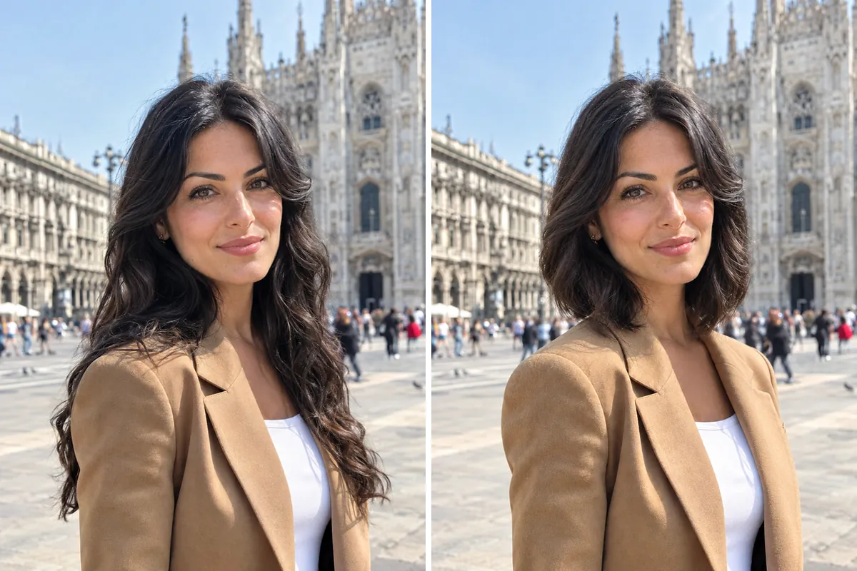 Prima e dopo con l’IA: la stessa persona passa dai capelli lunghi a un taglio più corto