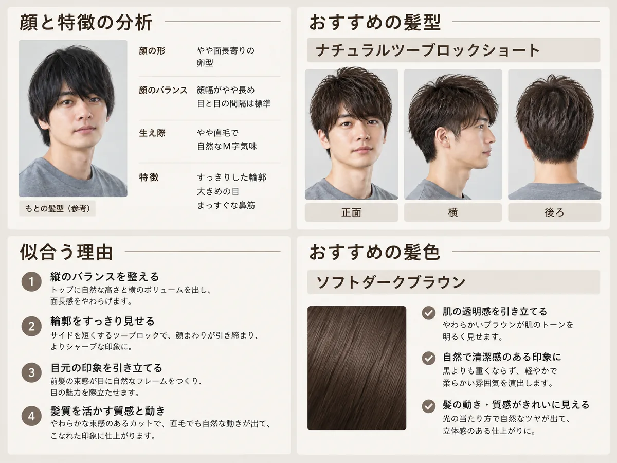 似合う髪型診断のレポート例：顔の分析、おすすめの髪型の3方向画像、似合う理由、おすすめの髪色