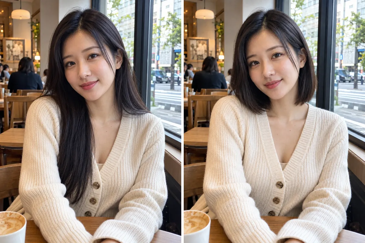 髪型シミュレーションの前後比較：ロングヘアからボブへ