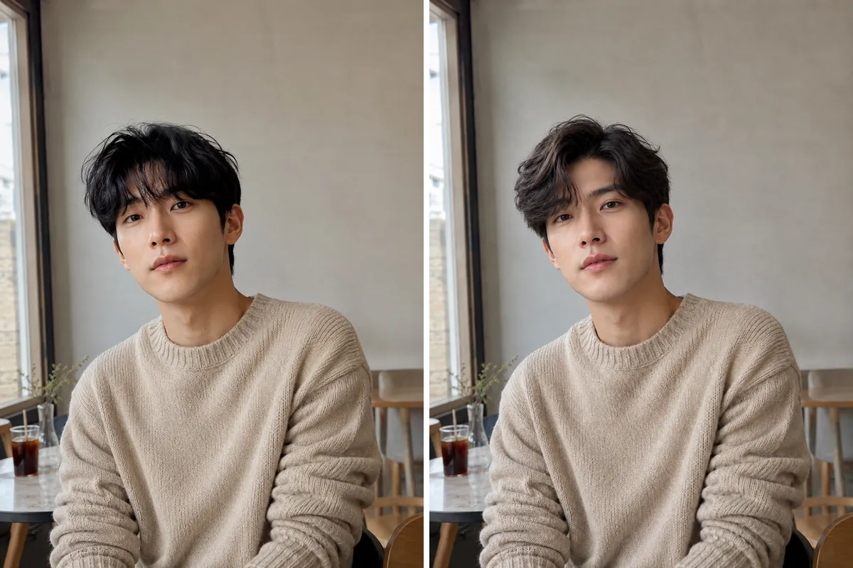 AI 헤어 변경 전후 비교: 긴 머리에서 더 짧은 컷으로