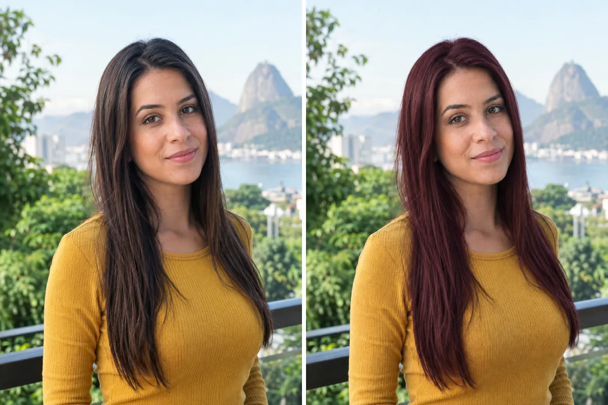 Antes e depois: mesmo corte, cabelo com outra cor