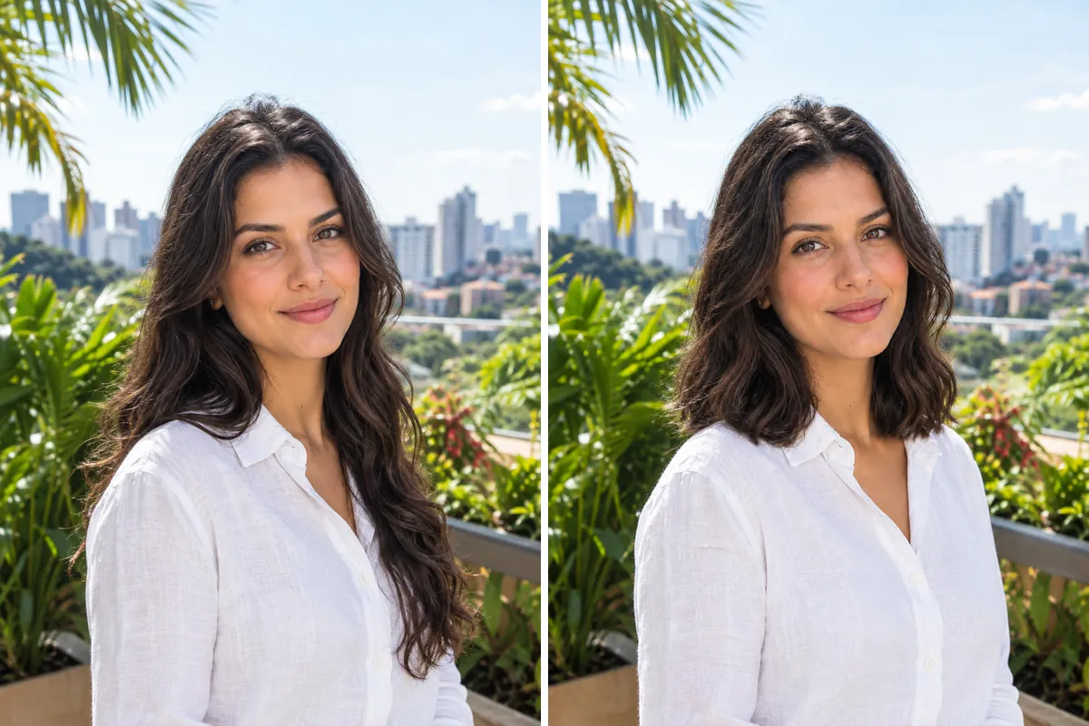 Antes e depois com IA: de cabelo longo para um corte mais curto