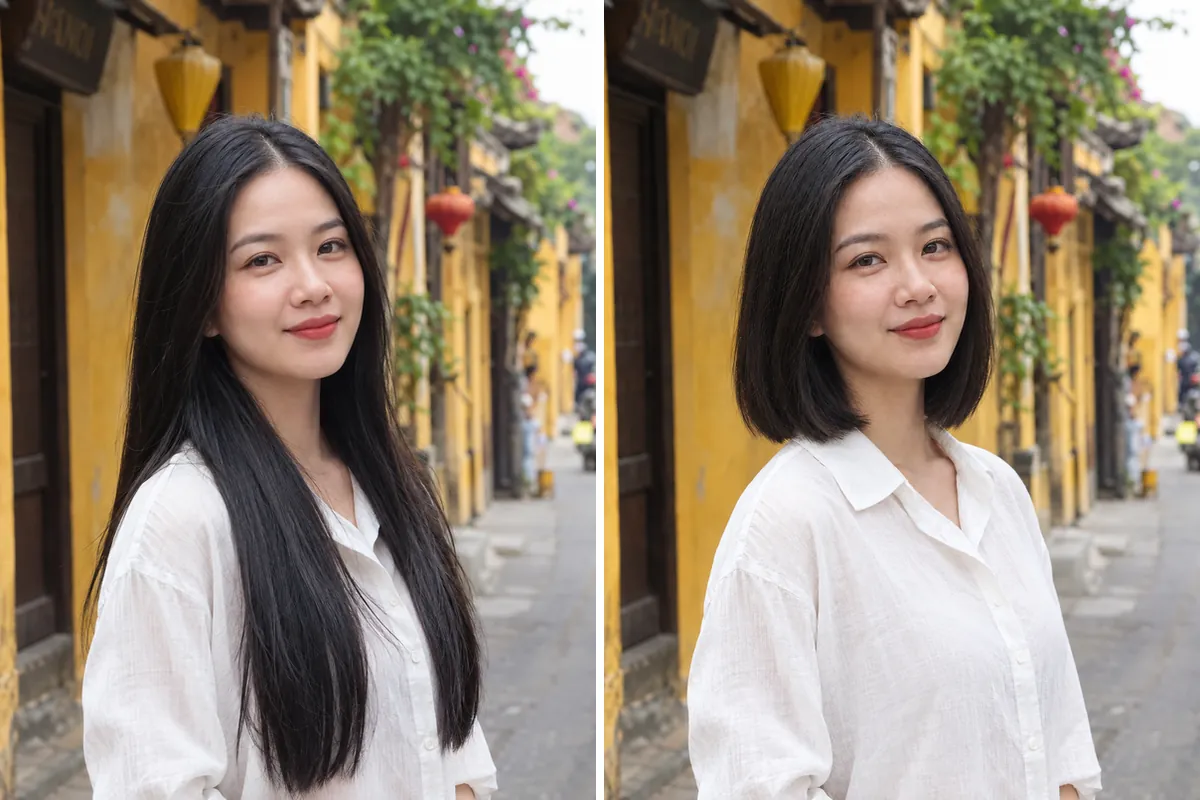 So sánh trước và sau: cùng một người, từ tóc dài sang tóc ngắn hơn