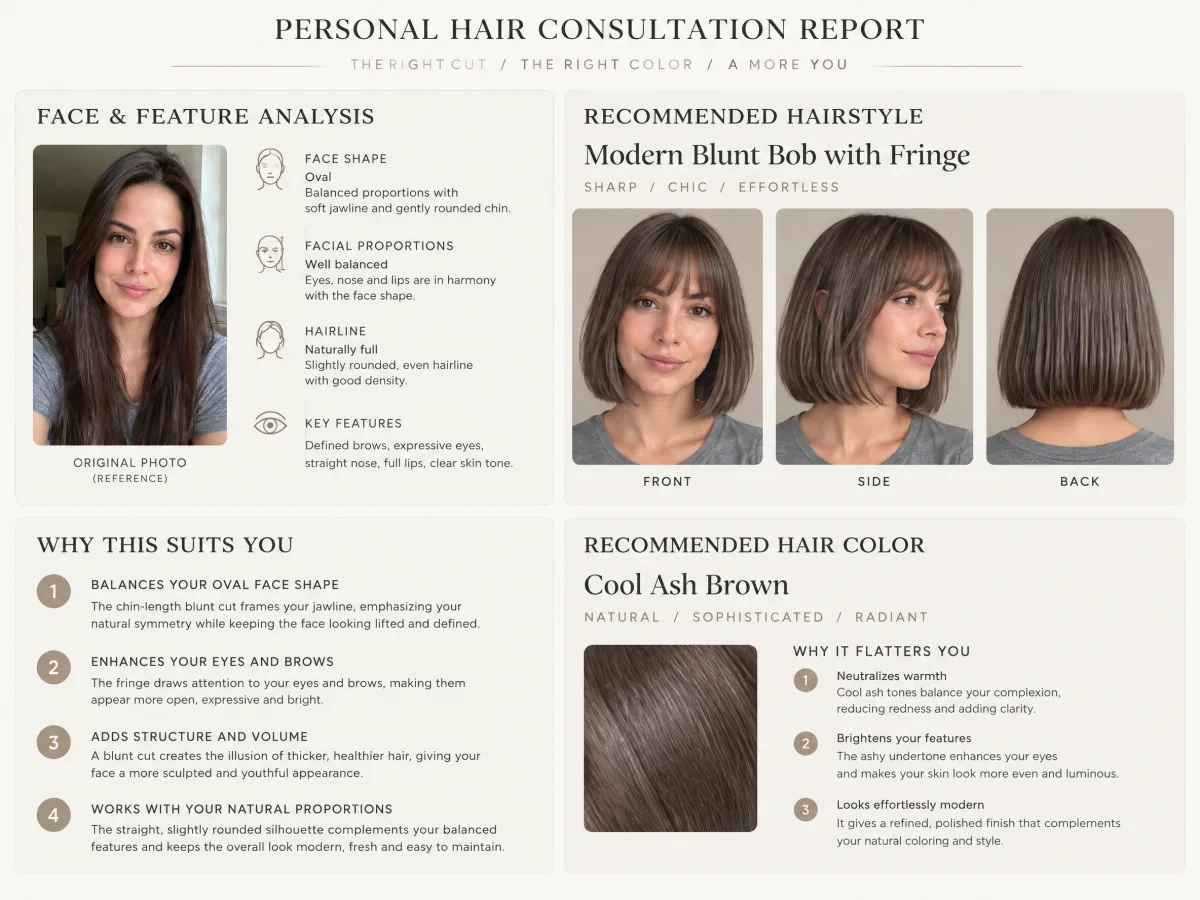 What hairstyle suits me report: face shape analysis, a blunt bob with fringe from the front, side and back, reasons it suits her, and a cool ash brown color swatch