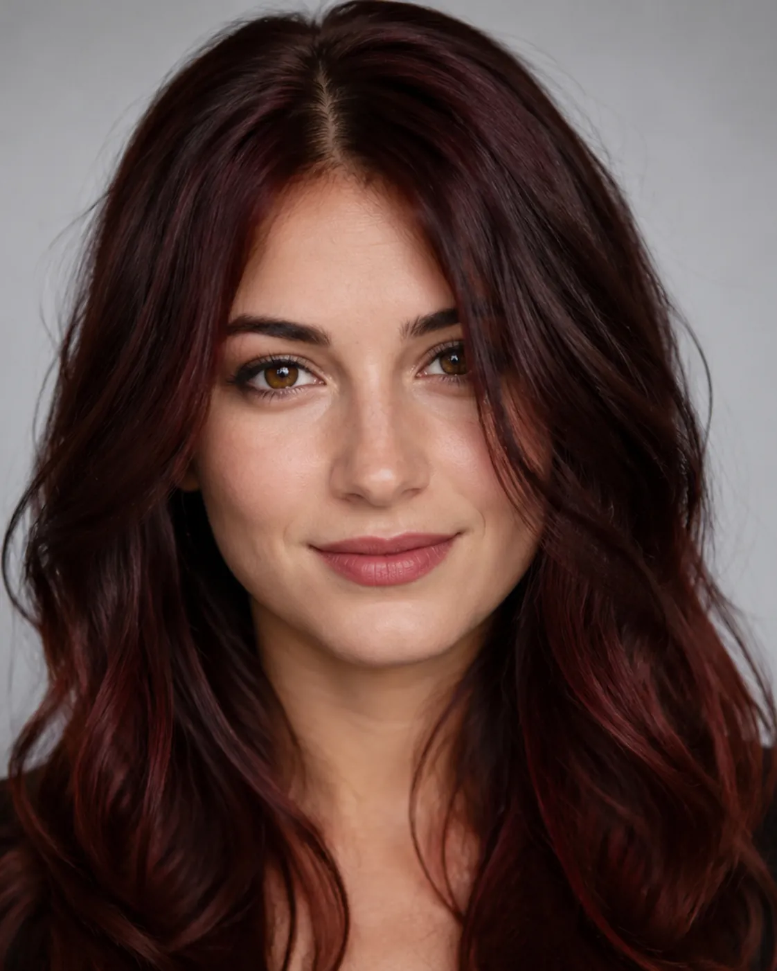 Auburn hair filter preview with deep dark auburn reddish-brown hair on a woman with medium skin