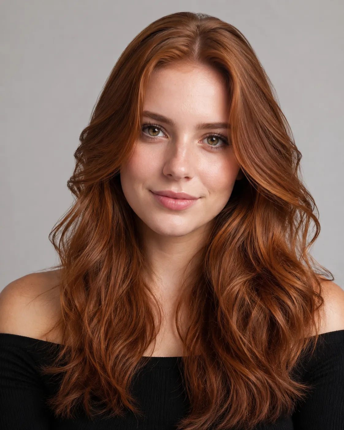 Auburn hair filter preview with warm light auburn reddish-brown hair on a fair-skinned woman