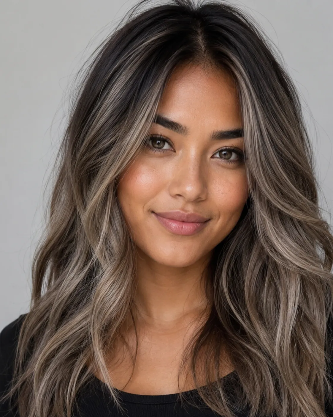 Balayage hair filter preview with cool ash balayage and smoky gray-toned painted highlights