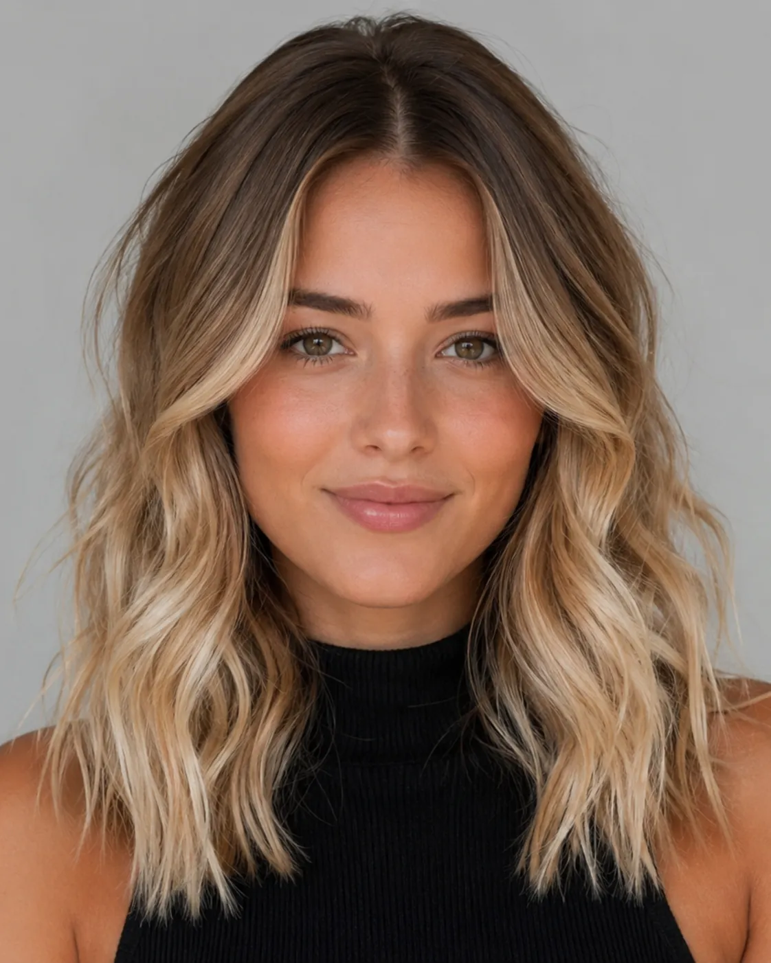 Balayage hair filter preview with bright blonde balayage hand-painted from a darker root to lighter ends