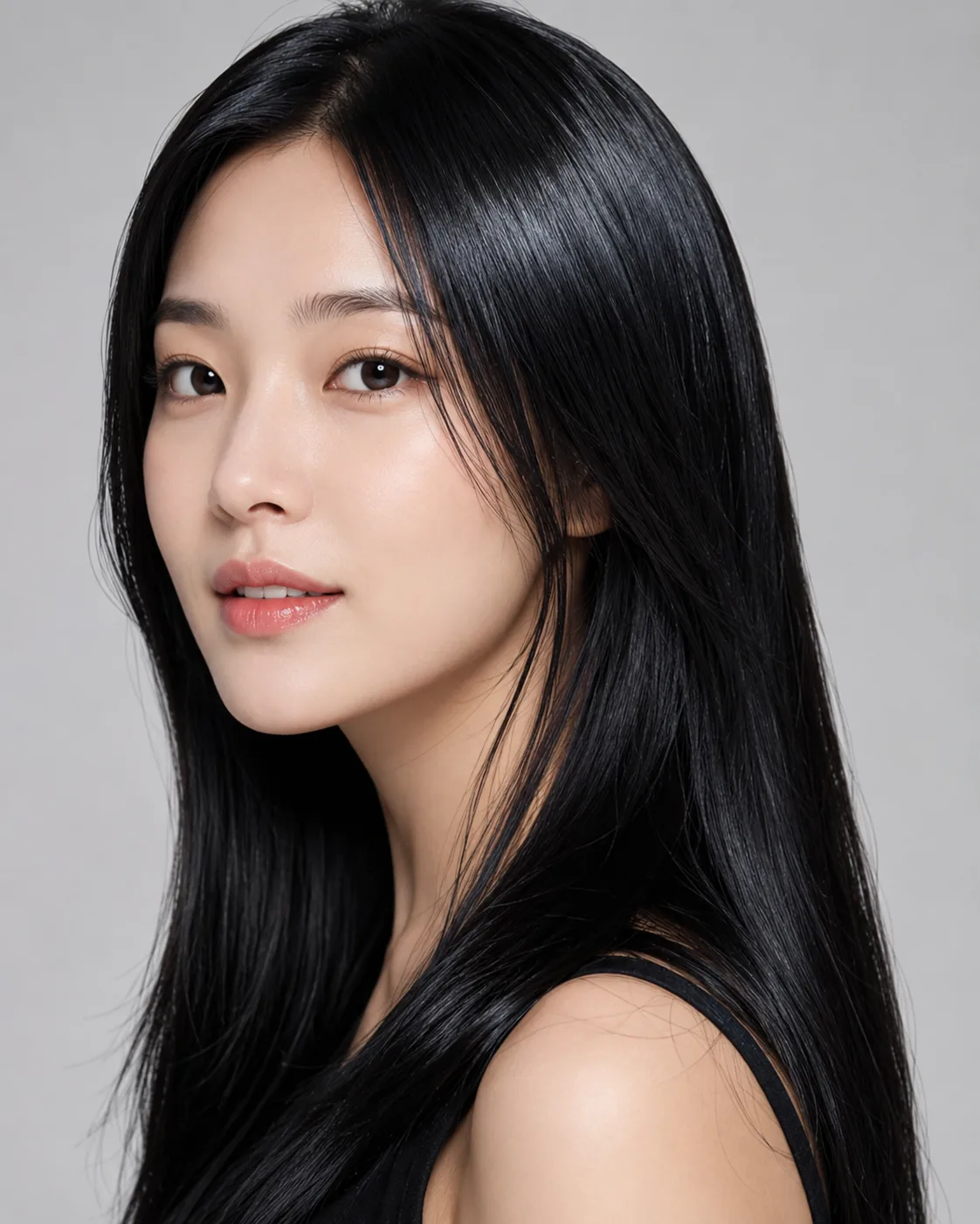 Black hair filter preview with glossy jet black hair on a woman