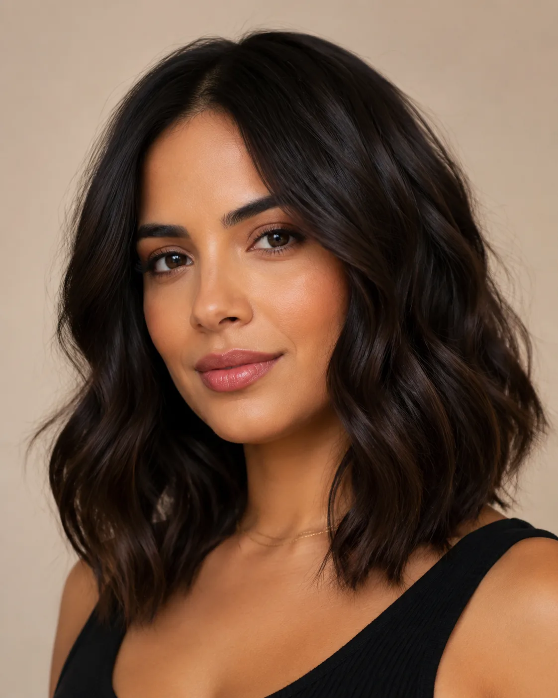 Black hair filter preview with warm soft espresso black hair on a woman