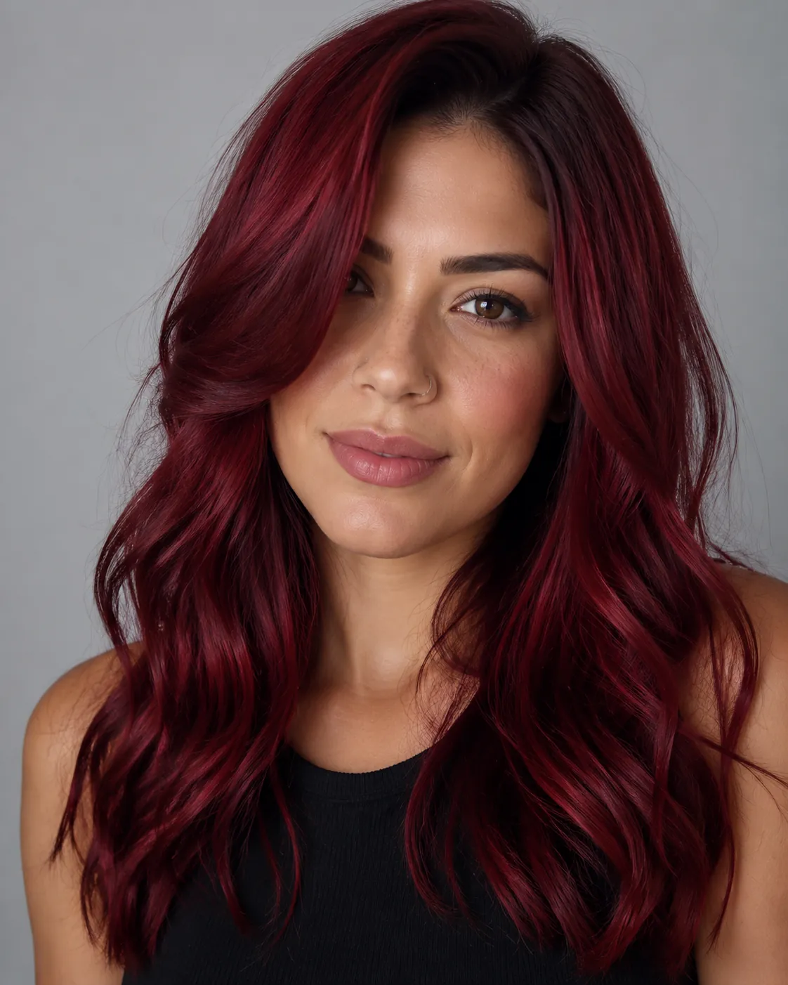 Burgundy hair filter preview with cherry burgundy, a warm red-leaning wine shade