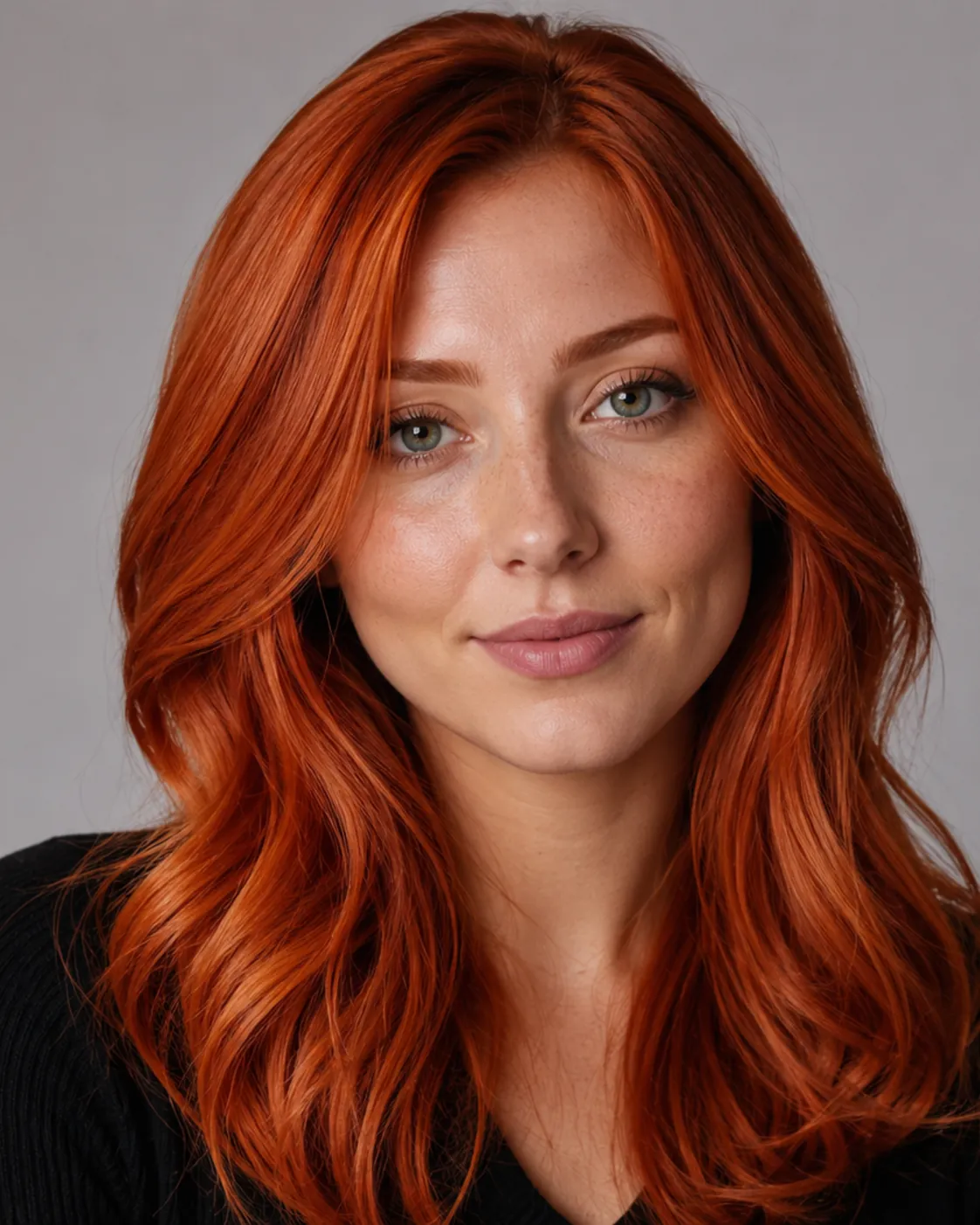 Copper hair filter preview with vivid bright copper hair on a fair-skinned woman