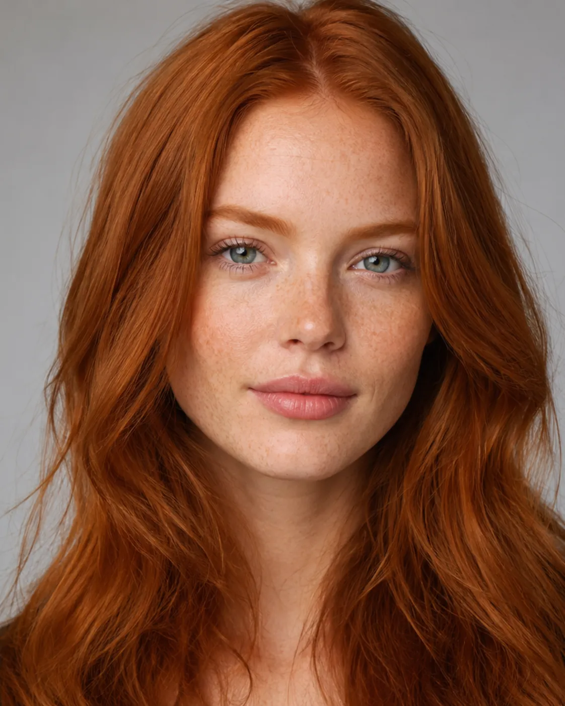 Ginger hair filter preview with true-to-life natural ginger hair on a freckled woman