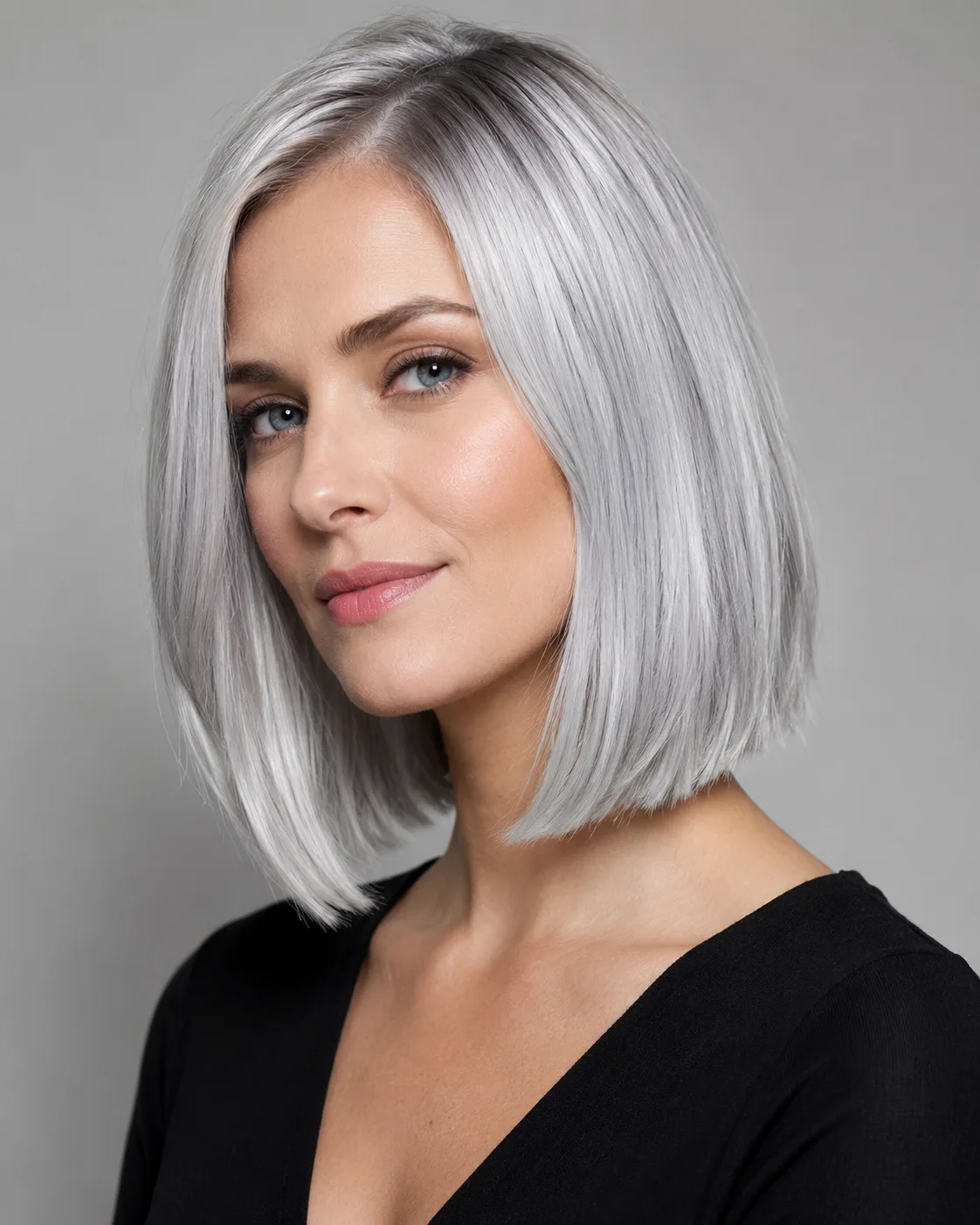 Editorial salon catalog portrait of a woman with cool silver gray hair on a neutral background
