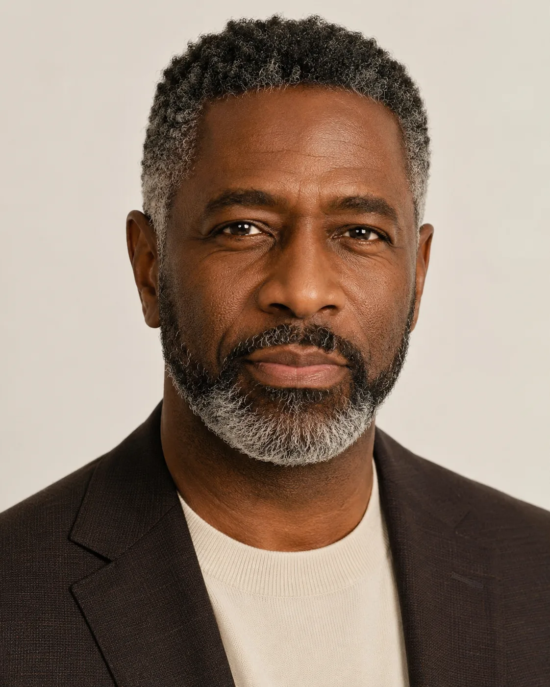 Editorial salon catalog portrait of a Black man with salt-and-pepper gray hair on a neutral background