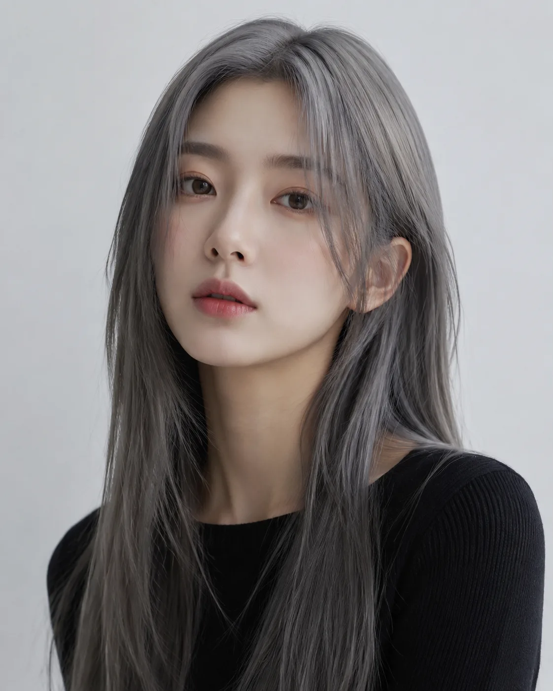 Editorial salon catalog portrait of an East Asian woman with ash gray hair on a neutral background