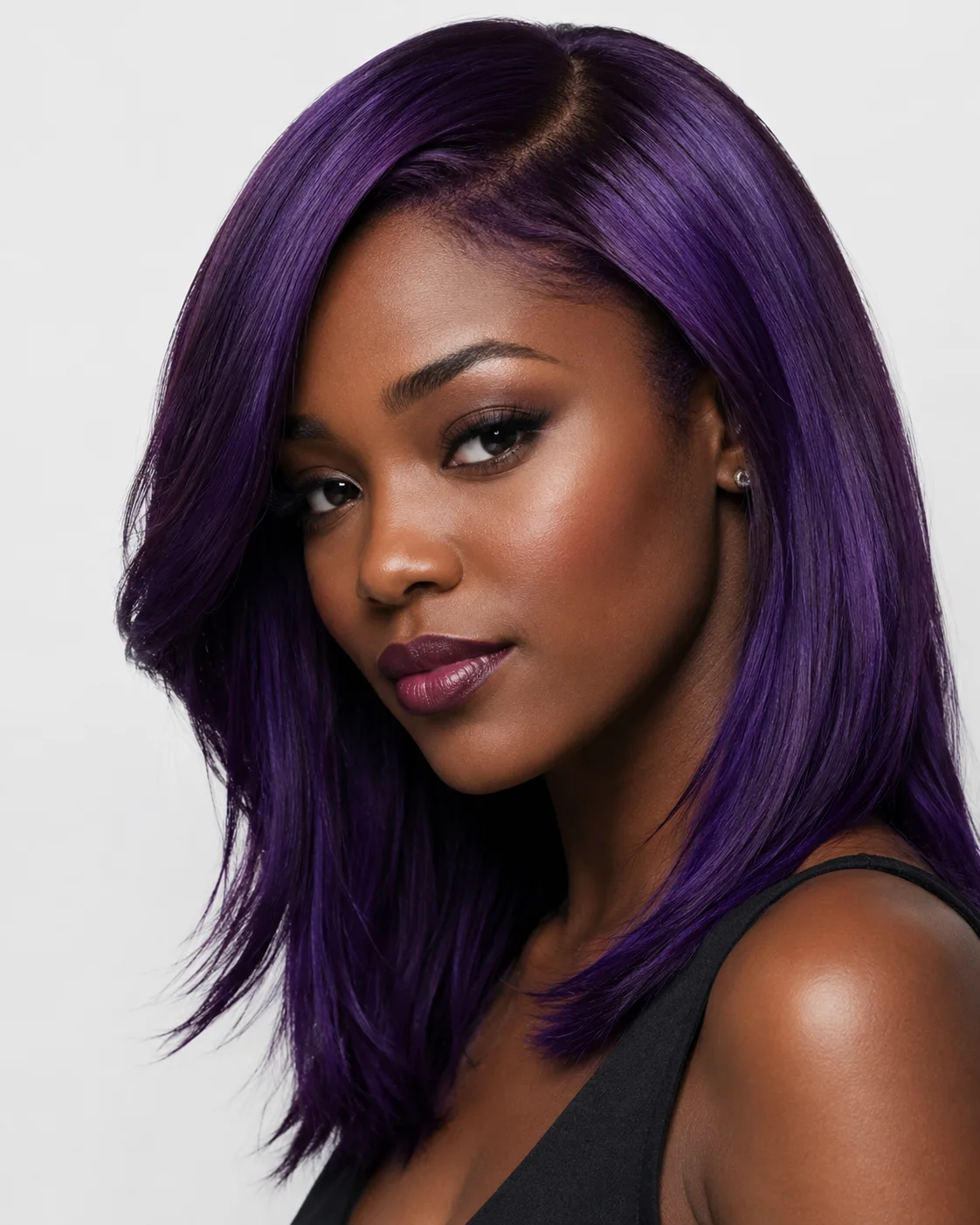 Purple hair filter preview with jewel-toned amethyst violet hair