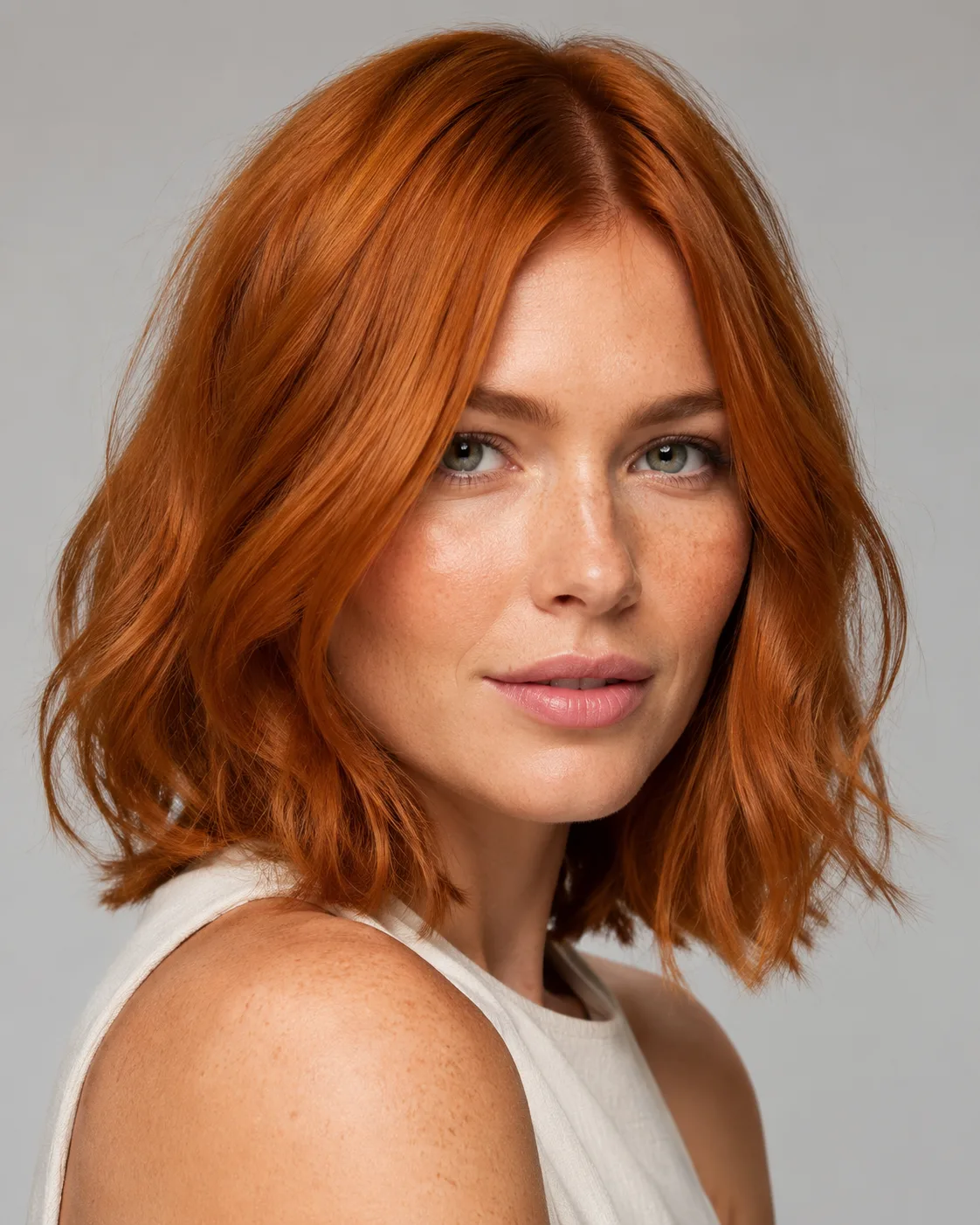 Red hair filter preview with bright copper-red hair on a fair-skinned woman
