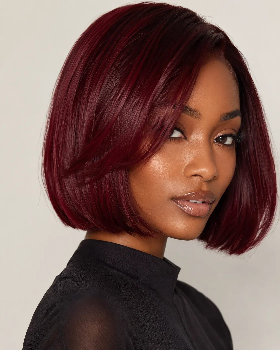 Red hair filter preview with deep wine red hair on a Black woman