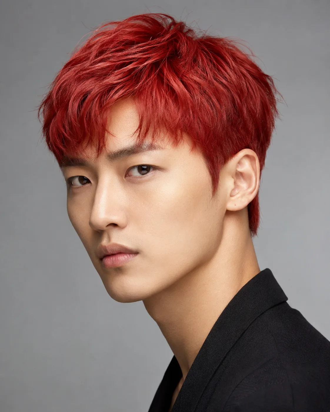 Red hair filter preview with vivid cherry red hair on an East Asian man
