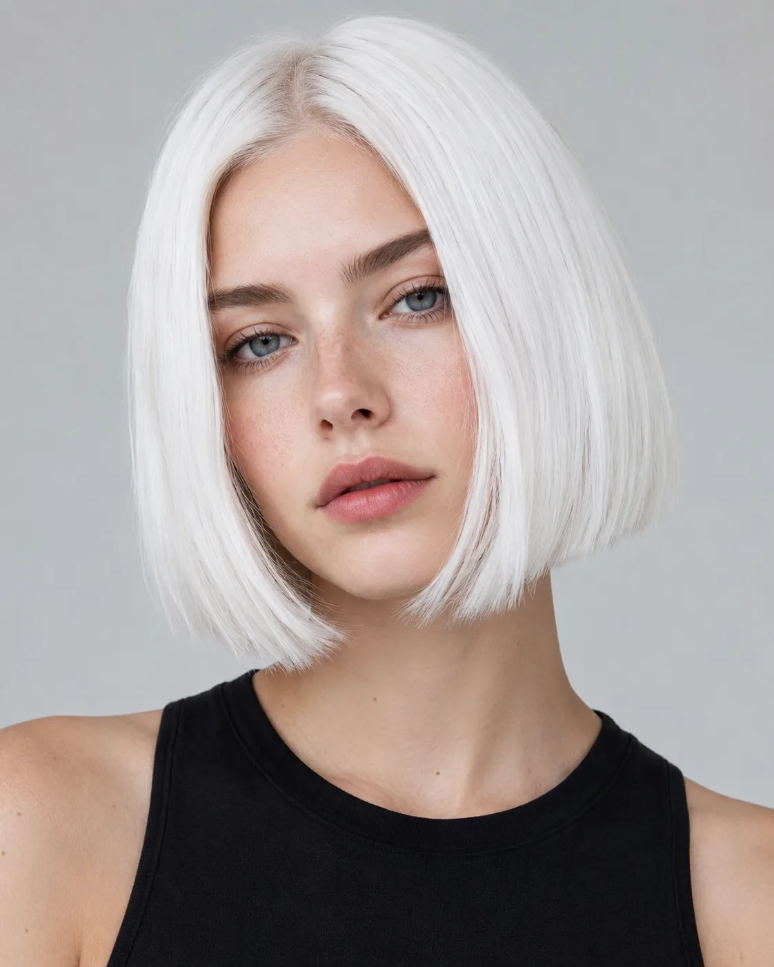 White hair filter preview with bright snow white hair on a fair-skinned woman