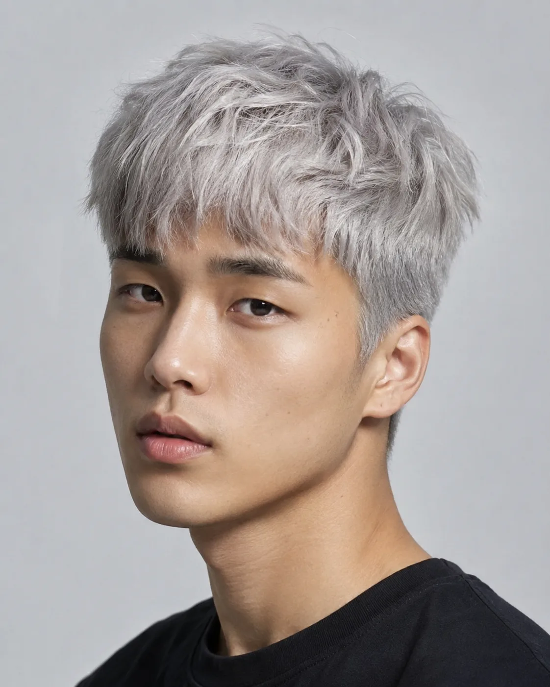 White hair filter preview with metallic silver-white hair on an East Asian man