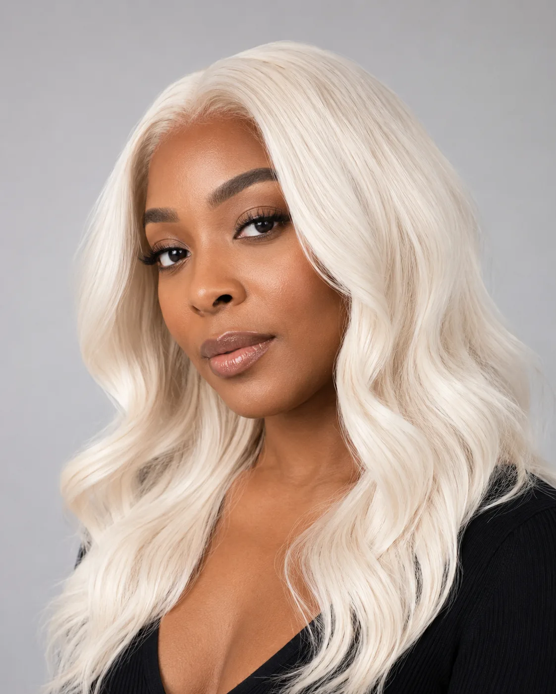 White hair filter preview with soft pearl white hair on a Black woman