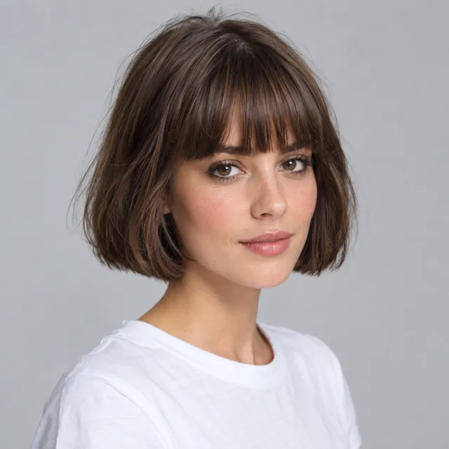 French bob with a chin-length blunt outline and an eyebrow-grazing fringe