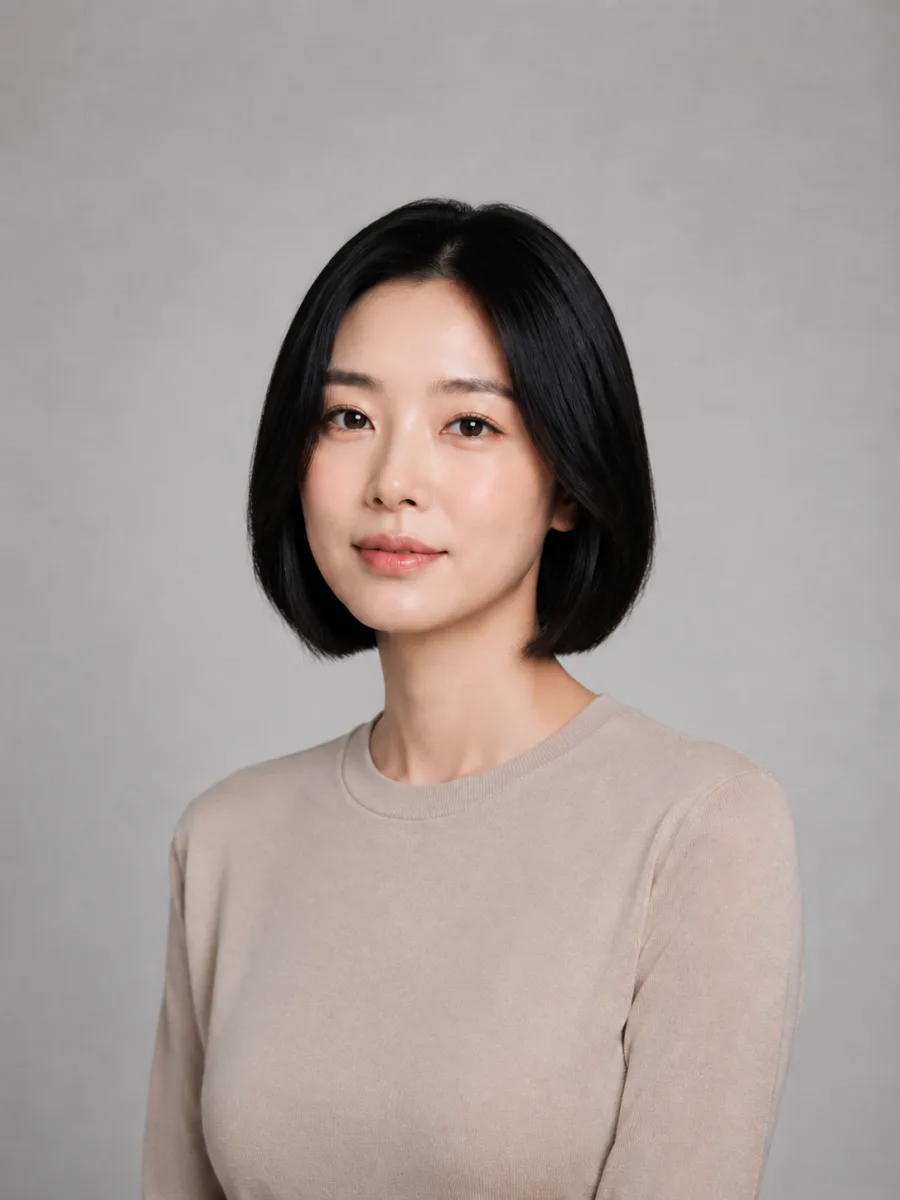 Before and after: long black hair restyled into a sleek blunt bob on the same person