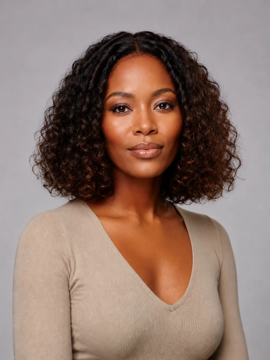 Before and after: long natural curls restyled into a curly bob on the same person