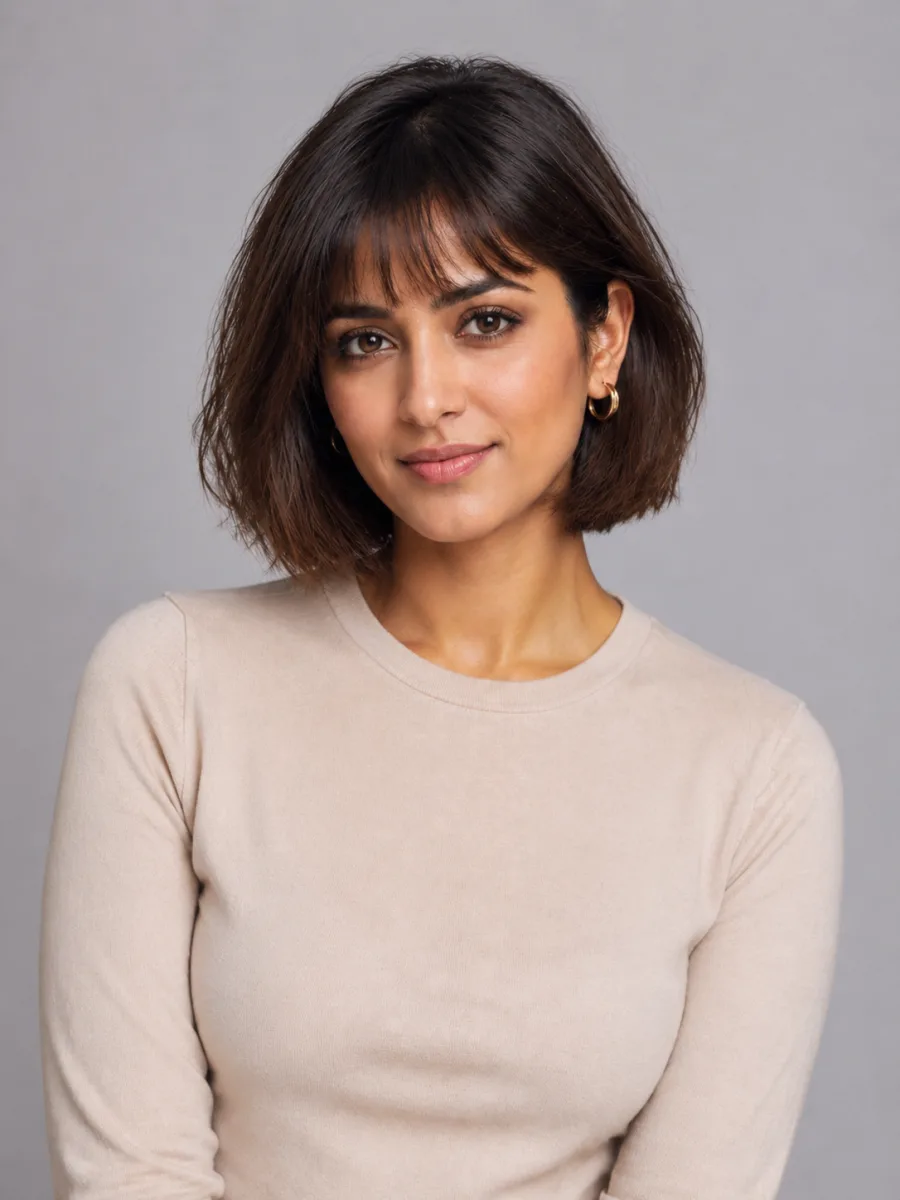 Before and after: long brown hair restyled into a French bob with bangs on the same person