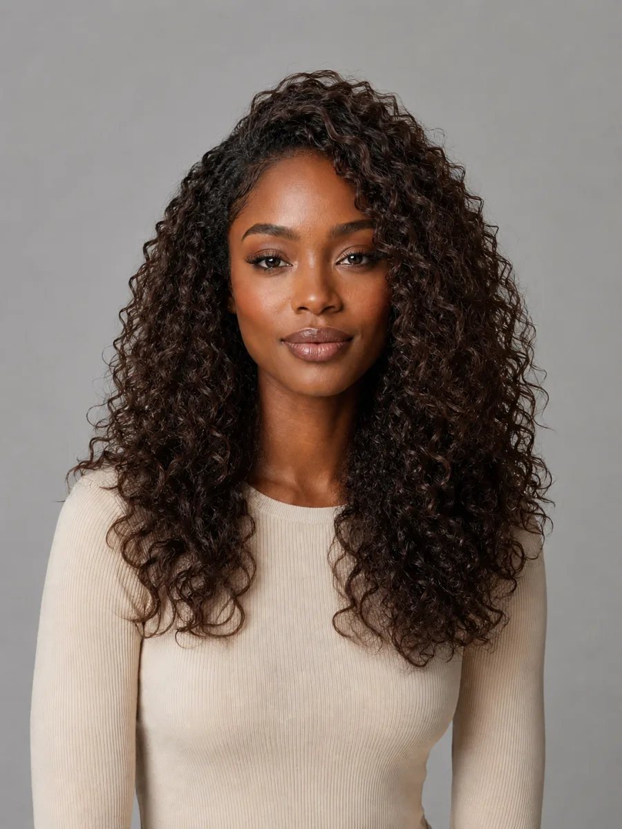 Before and after: Curls → long layers, the same person generated from one photo
