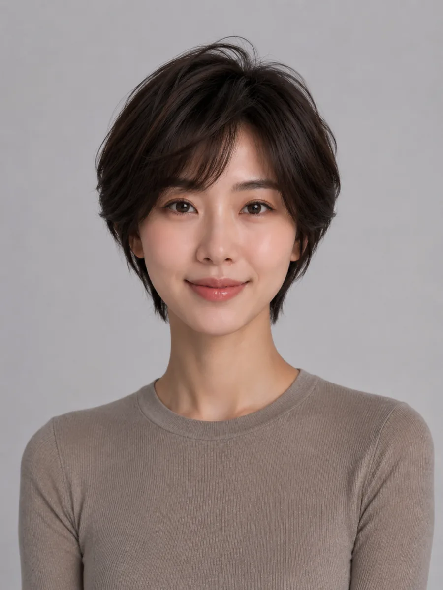 Before and after: Long → volumizing pixie, the same person generated from one photo