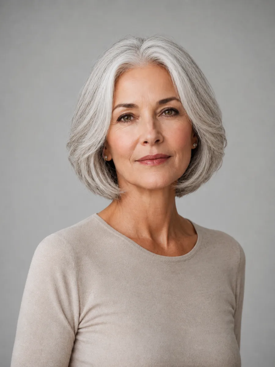 Before and after: Silver → layered bob, the same person generated from one photo
