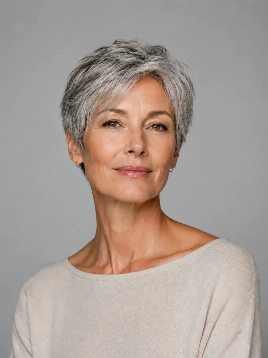 Before and after: Grey → pixie, the same person generated from one photo