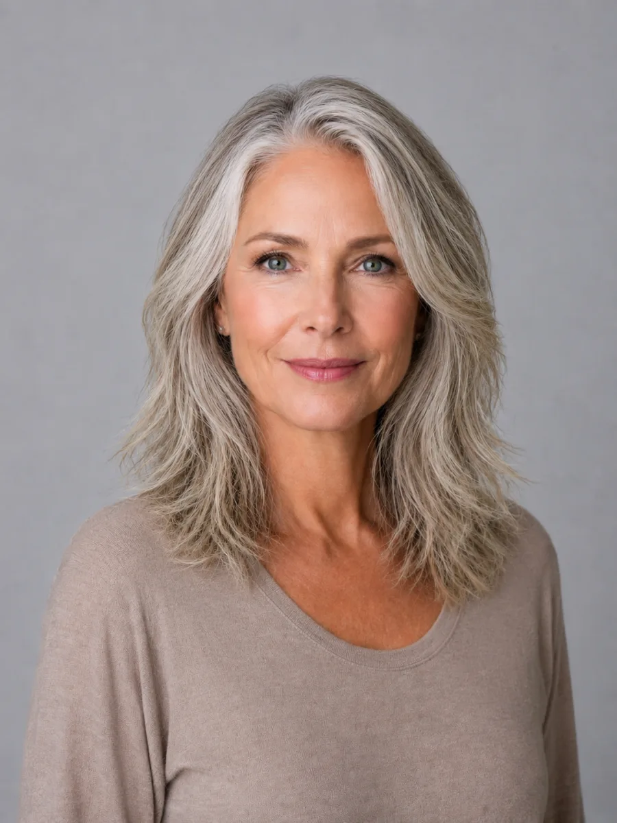 Before and after: Grey-blonde → soft shag, the same person generated from one photo