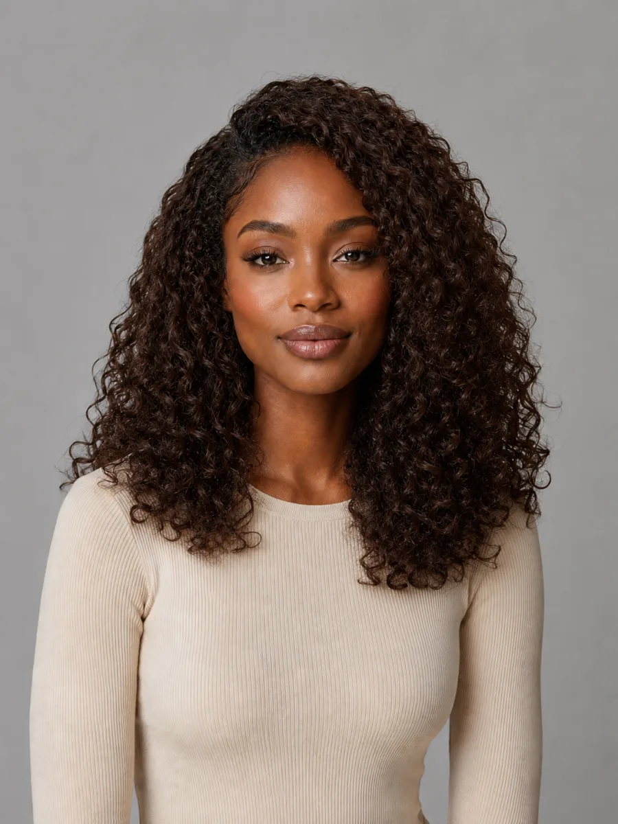 Before and after: Curls → medium layers, the same person generated from one photo