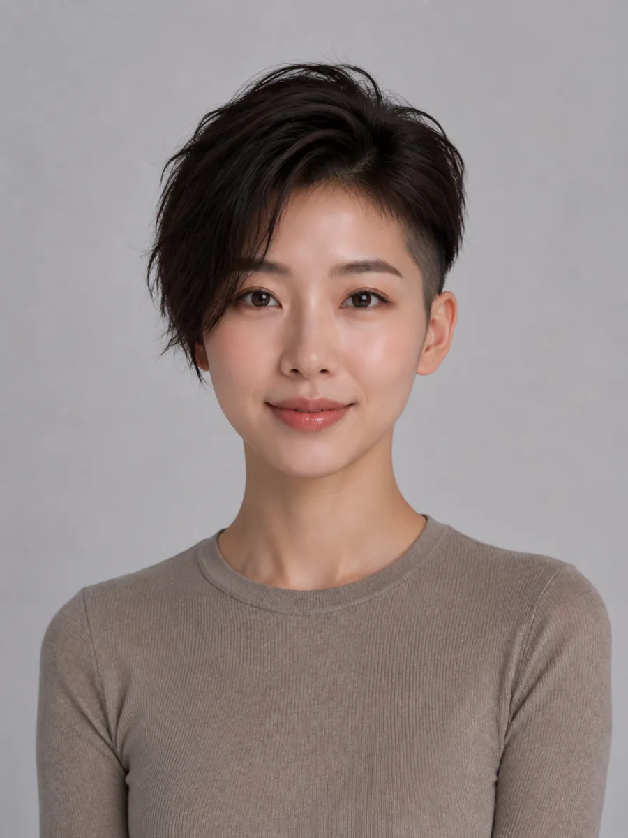 Before and after: Long → undercut pixie, the same person generated from one photo