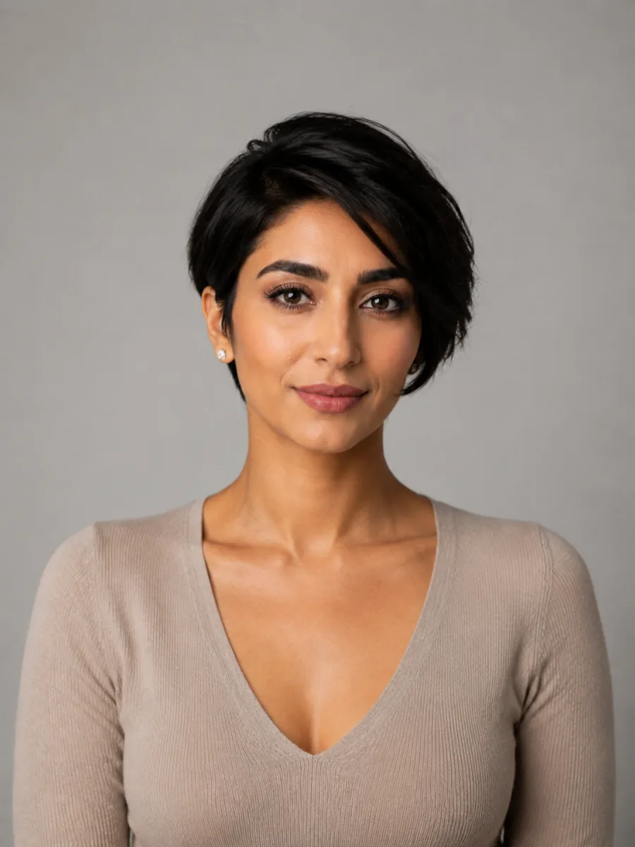 Before and after: Long → side-swept pixie, the same person generated from one photo