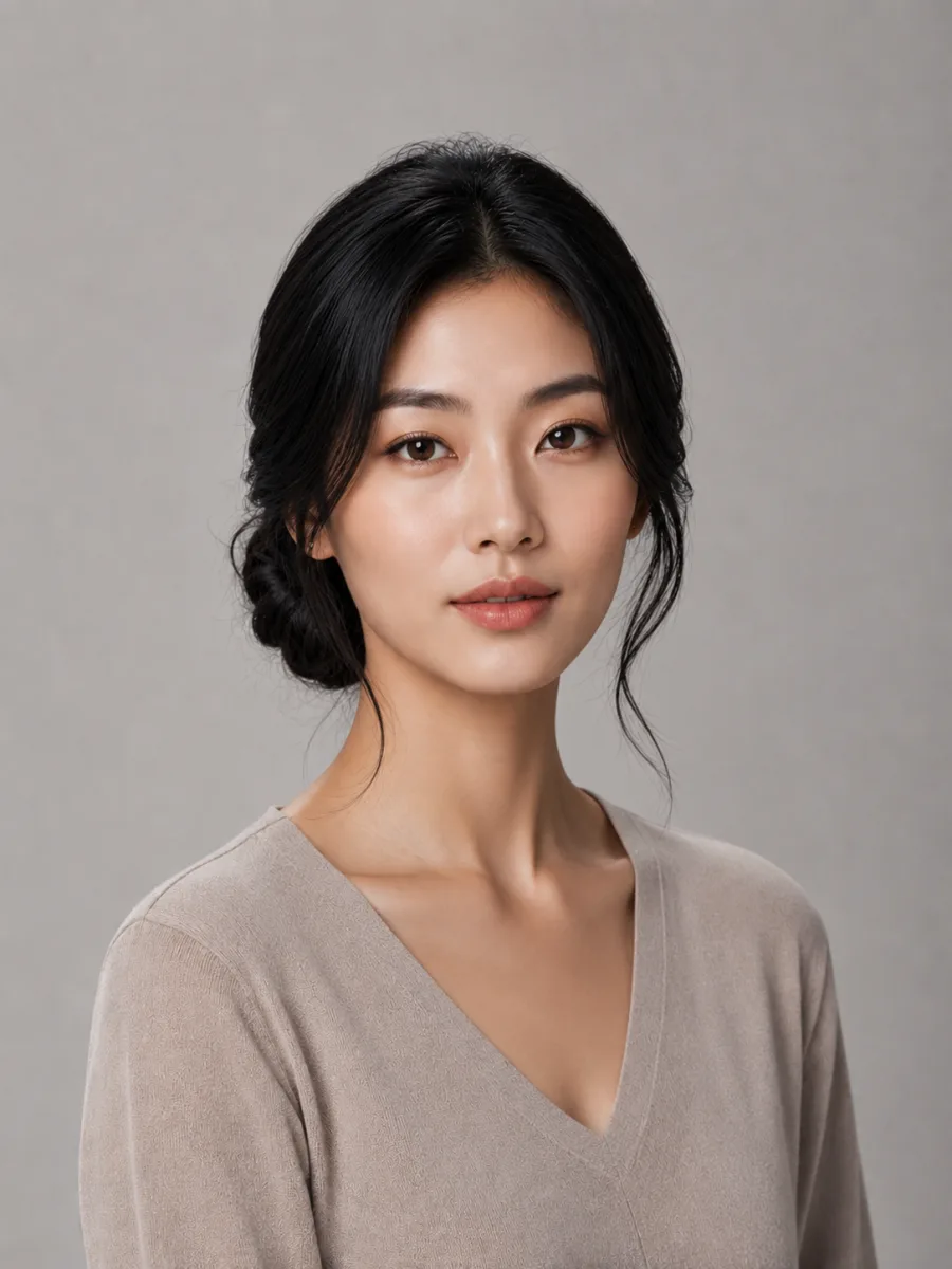 Before and after: Long → low chignon, the same person generated from one photo