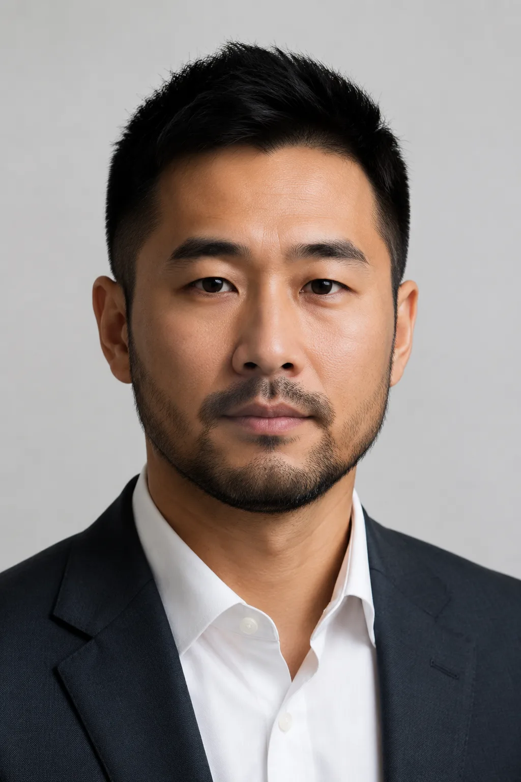 Beard filter result of an East Asian man with a light, even stubble beard added to a clean face