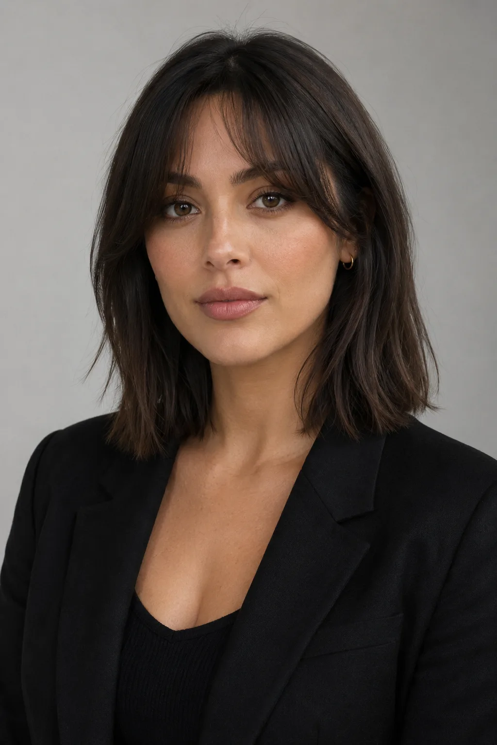 Woman wearing curtain bangs on a medium bob generated by the curtain bangs filter