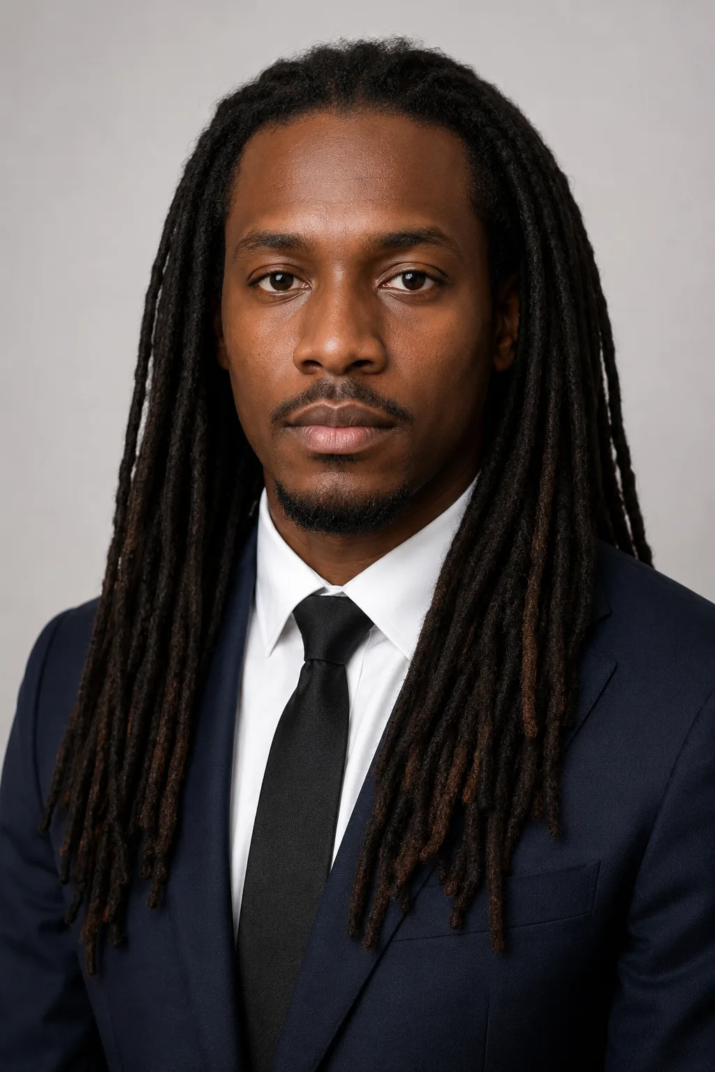 Black man with long well-groomed dreadlocks previewed with the dreadlocks filter on his own portrait