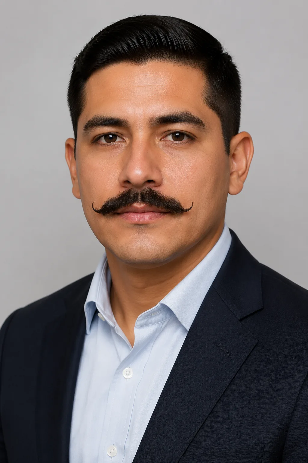 Mustache filter example of a Latino man with a styled handlebar mustache and curled tips